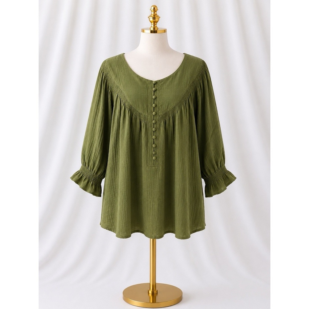 New Me by Jennie Garth Mae Woven Blouse Smocked Pullover Olive Tree Green‎ 3x